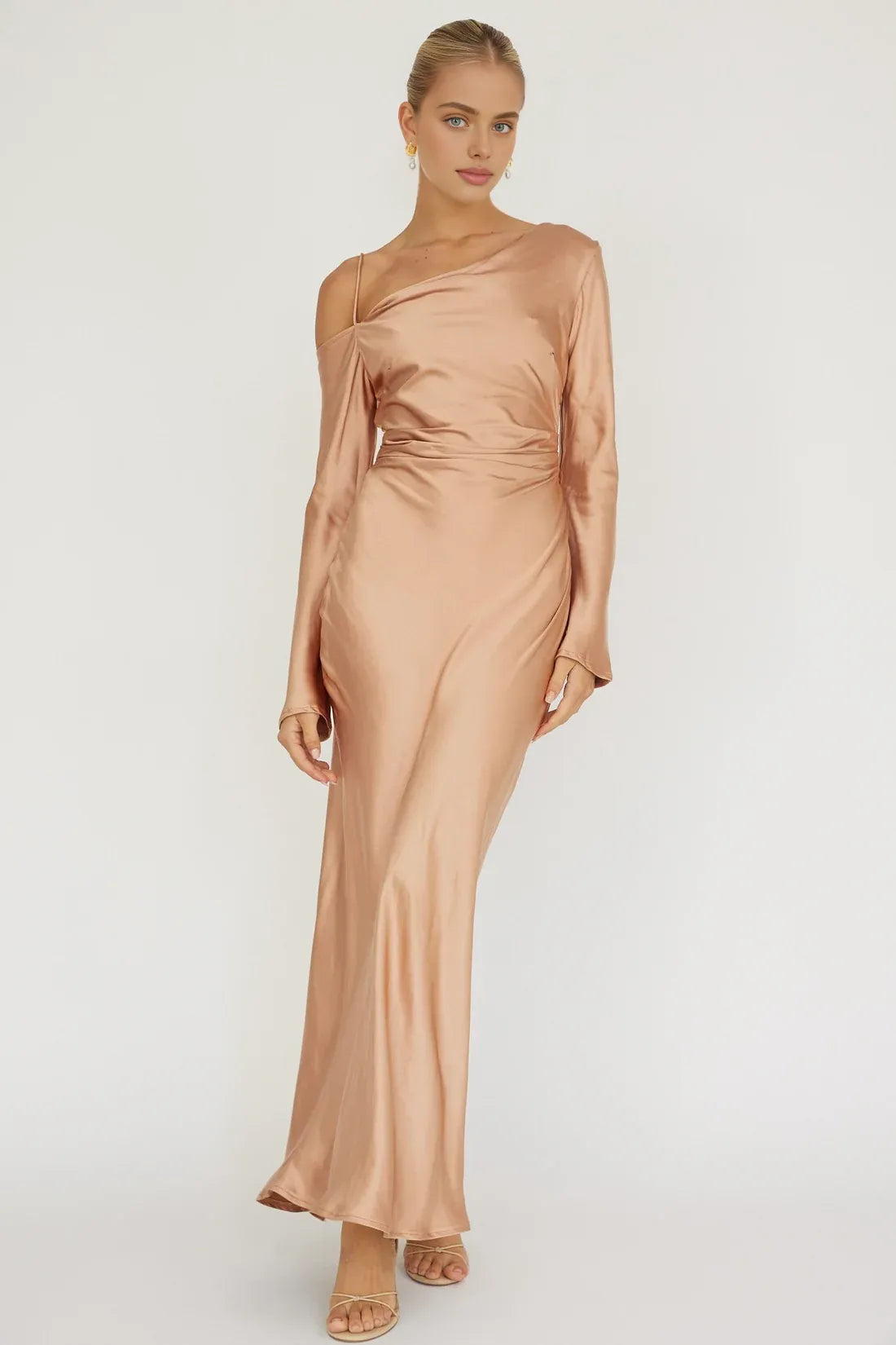 Elegant Mermaid/Trumpet Asymmetrical Neck Long Sleeve Backless Ankle-Length Prom Dress